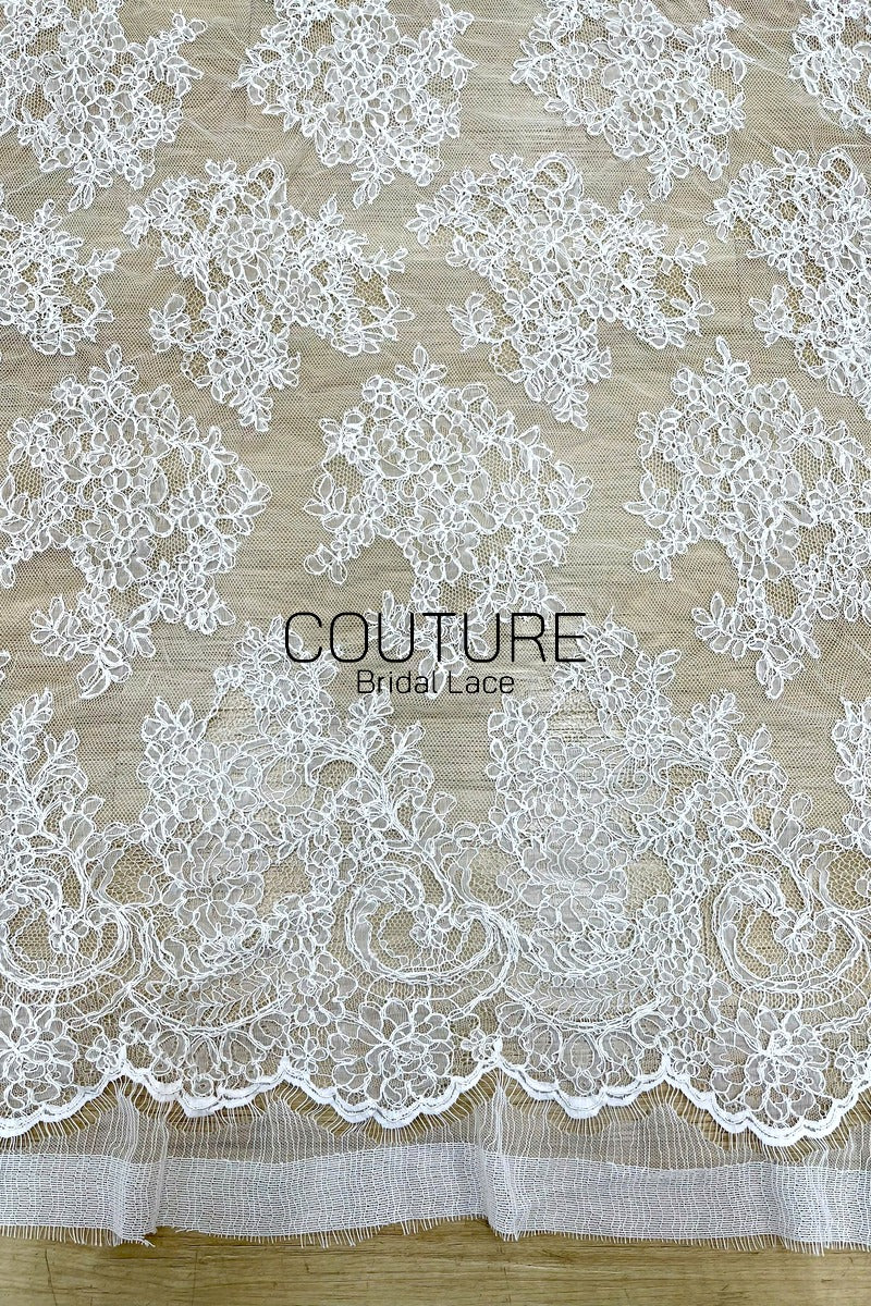 Corded Chantilly French Lace - White, Allover Scattered Floral Bouquets, Double Scalloped Border, 3 Meters