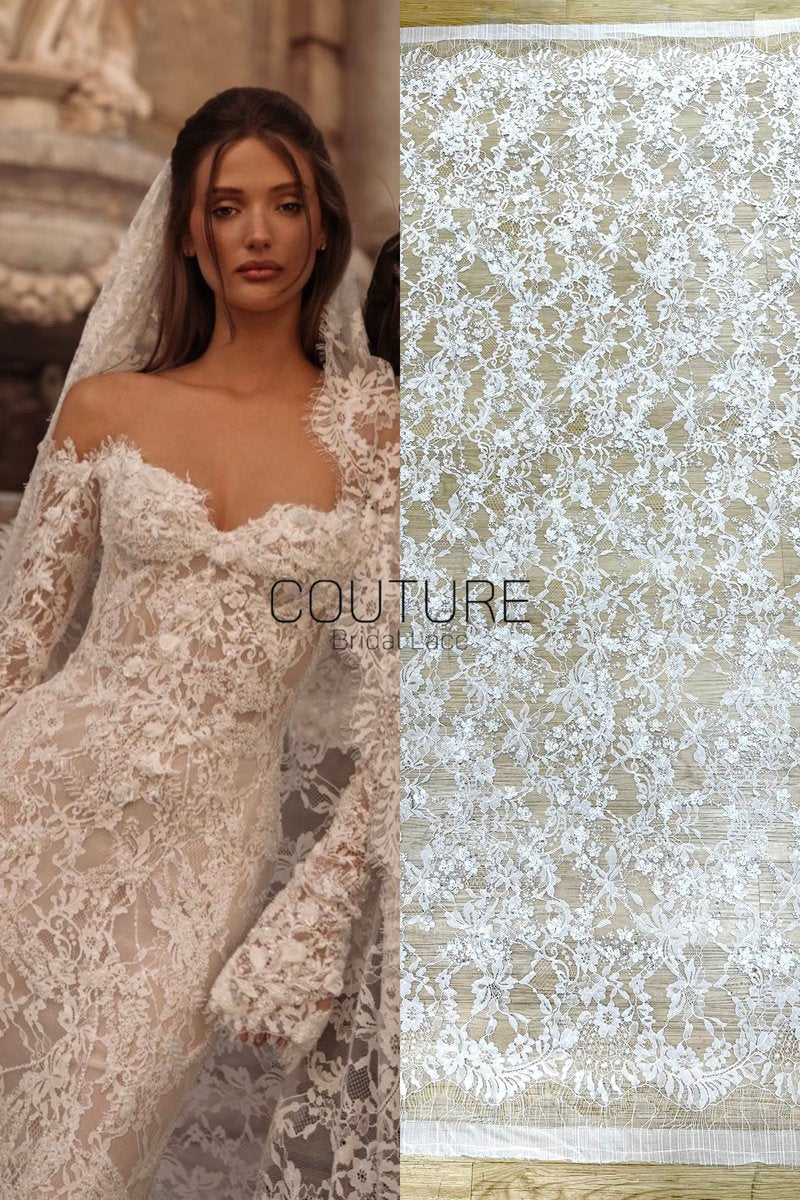 Beaded Chantilly Lace: White Intricate Floral Vine with Delicate Scalloped Floral Edge Border, 3 Meters