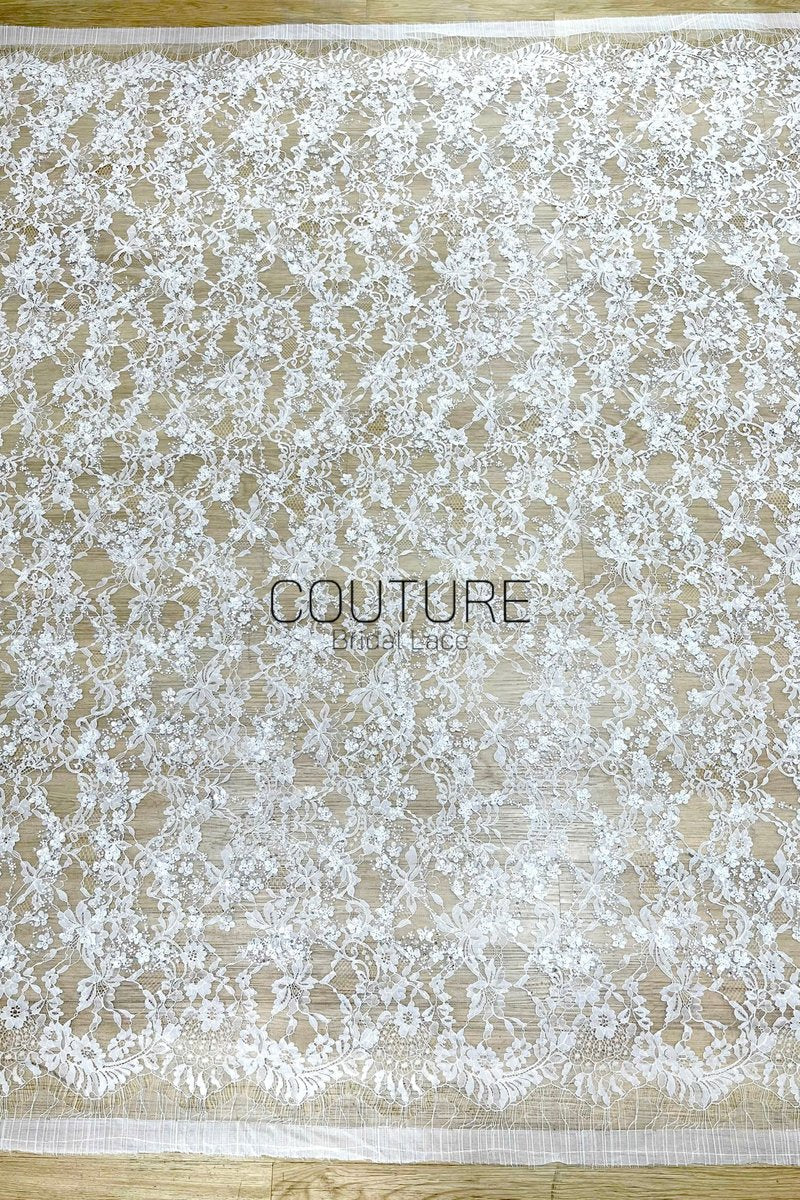Beaded Chantilly Lace: White Intricate Floral Vine with Delicate Scalloped Floral Edge Border, 3 Meters