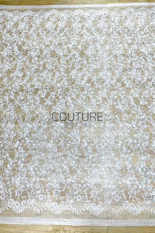 Beaded Chantilly Lace: White Intricate Floral Vine with Delicate Scalloped Floral Edge Border, 3 Meters