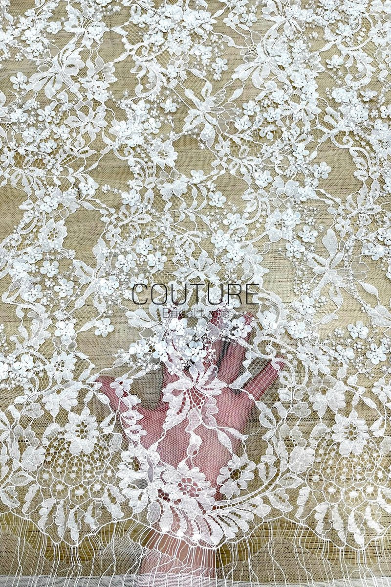 Beaded Chantilly Lace: White Intricate Floral Vine with Delicate Scalloped Floral Edge Border, 3 Meters