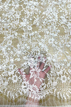 Beaded Chantilly Lace: White Intricate Floral Vine with Delicate Scalloped Floral Edge Border, 3 Meters