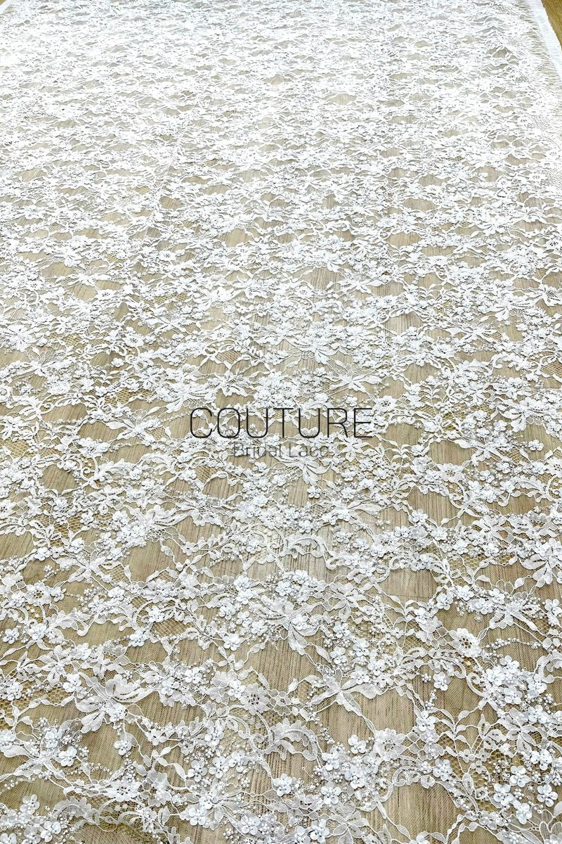 Beaded Chantilly Lace: White Intricate Floral Vine with Delicate Scalloped Floral Edge Border, 3 Meters