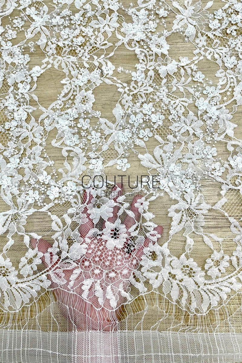 Beaded Chantilly Lace: White Intricate Floral Vine with Delicate Scalloped Floral Edge Border, 3 Meters