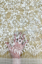 Beaded Chantilly Lace: White Intricate Floral Vine with Delicate Scalloped Floral Edge Border, 3 Meters