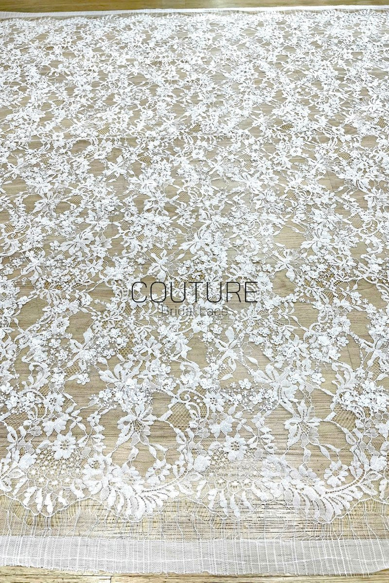 Beaded Chantilly Lace: White Intricate Floral Vine with Delicate Scalloped Floral Edge Border, 3 Meters