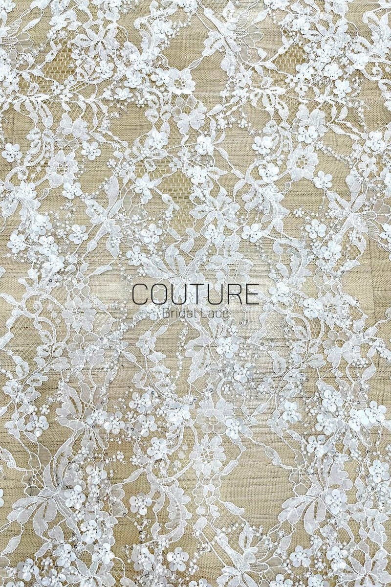 Beaded Chantilly Lace: White Intricate Floral Vine with Delicate Scalloped Floral Edge Border, 3 Meters