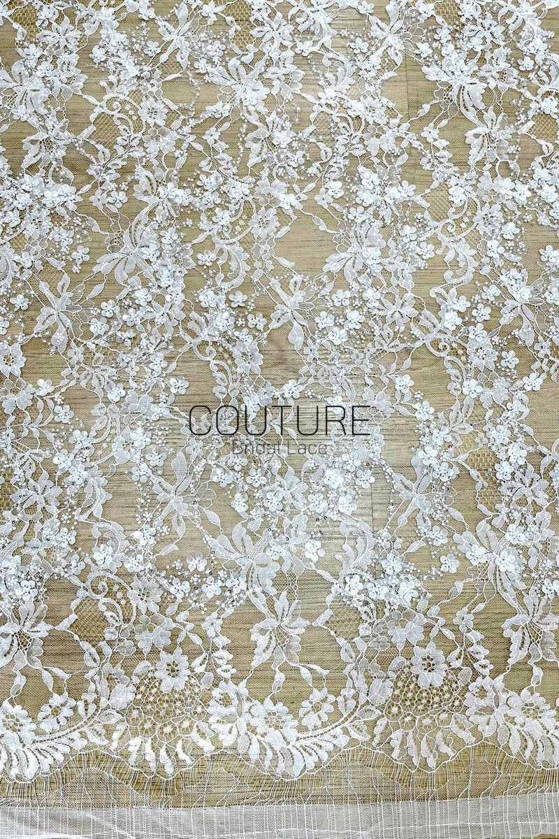Beaded Chantilly Lace: White Intricate Floral Vine with Delicate Scalloped Floral Edge Border, 3 Meters