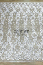 Corded Chantilly French Lace: White Floral Ogee Trellis with Jewel Openwork Scalloped Border, 3 Meters