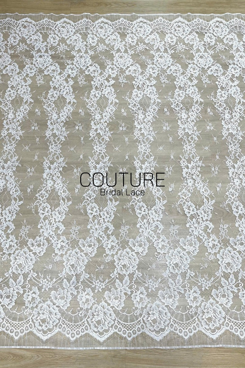 Corded Chantilly French Lace: White Floral Ogee Trellis with Jewel Openwork Scalloped Border, 3 Meters