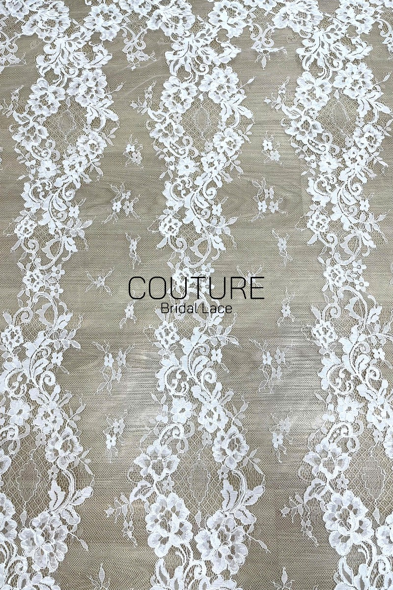 Corded Chantilly French Lace: White Floral Ogee Trellis with Jewel Openwork Scalloped Border, 3 Meters