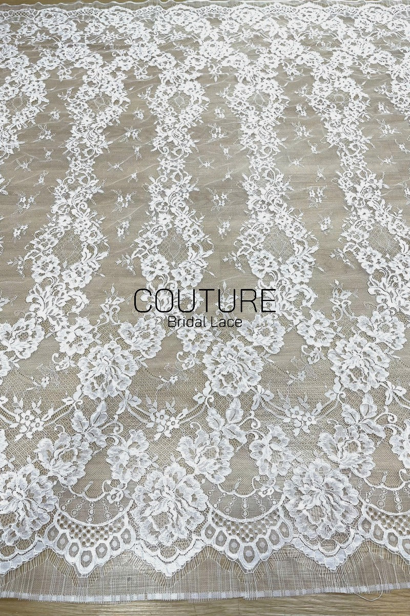 Corded Chantilly French Lace: White Floral Ogee Trellis with Jewel Openwork Scalloped Border, 3 Meters