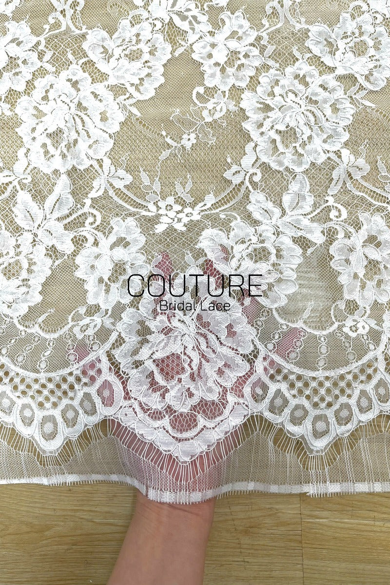 Corded Chantilly French Lace: White Floral Ogee Trellis with Jewel Openwork Scalloped Border, 3 Meters