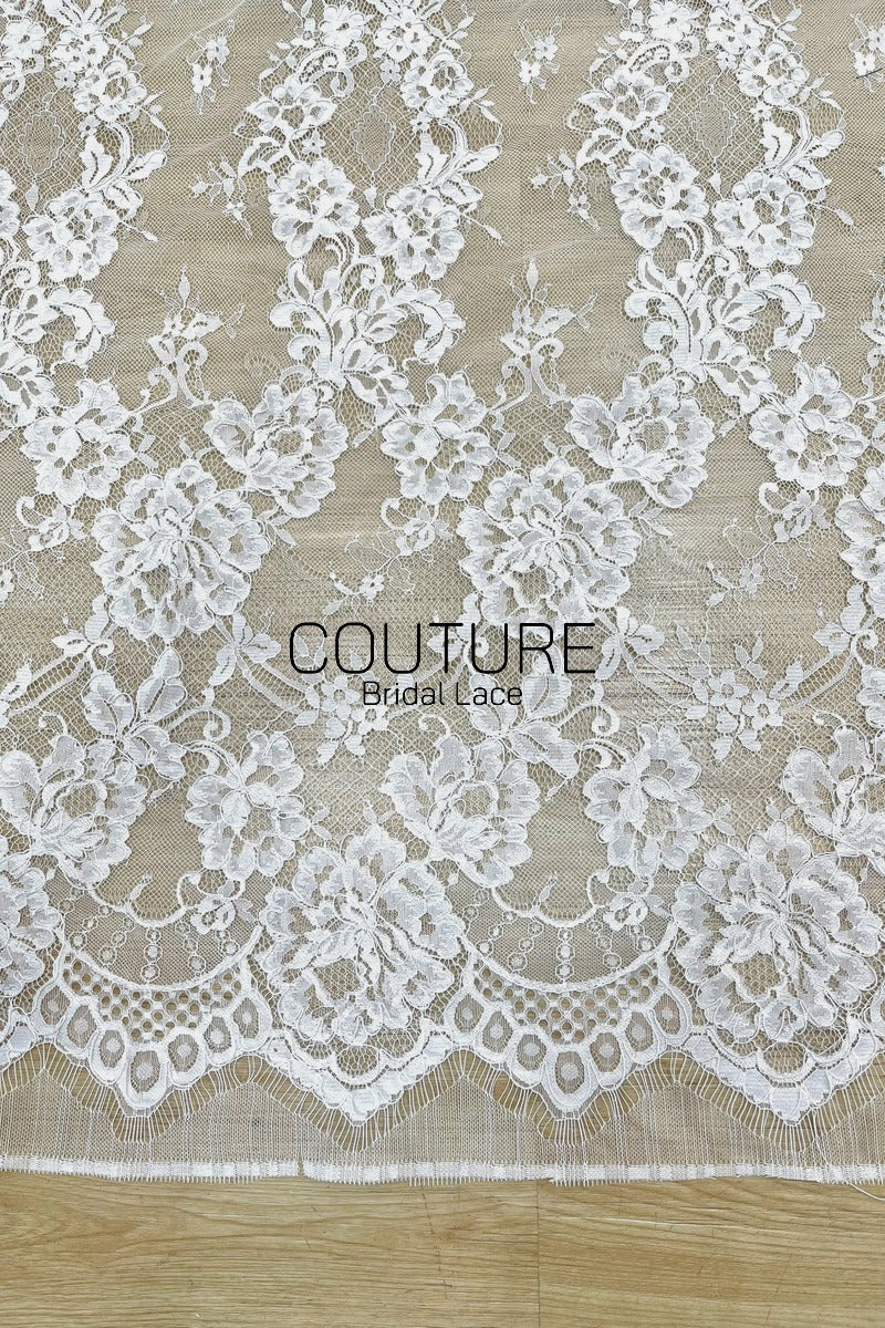 Corded Chantilly French Lace: White Floral Ogee Trellis with Jewel Openwork Scalloped Border, 3 Meters