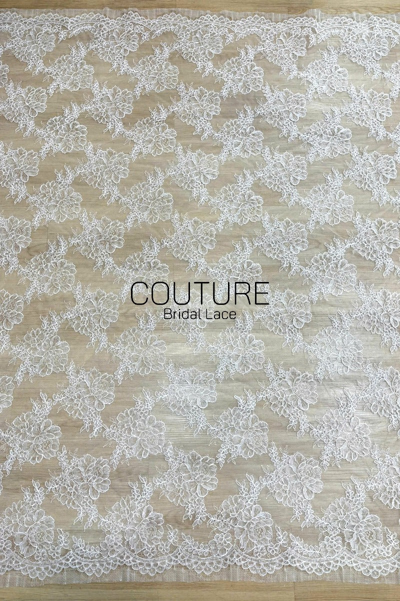 Corded Chantilly French Lace: White Large Peony Blooms Allover with Petal Scalloped Border, 3 Meters