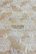 Corded Chantilly French Lace: White Large Peony Blooms Allover with Petal Scalloped Border, 3 Meters