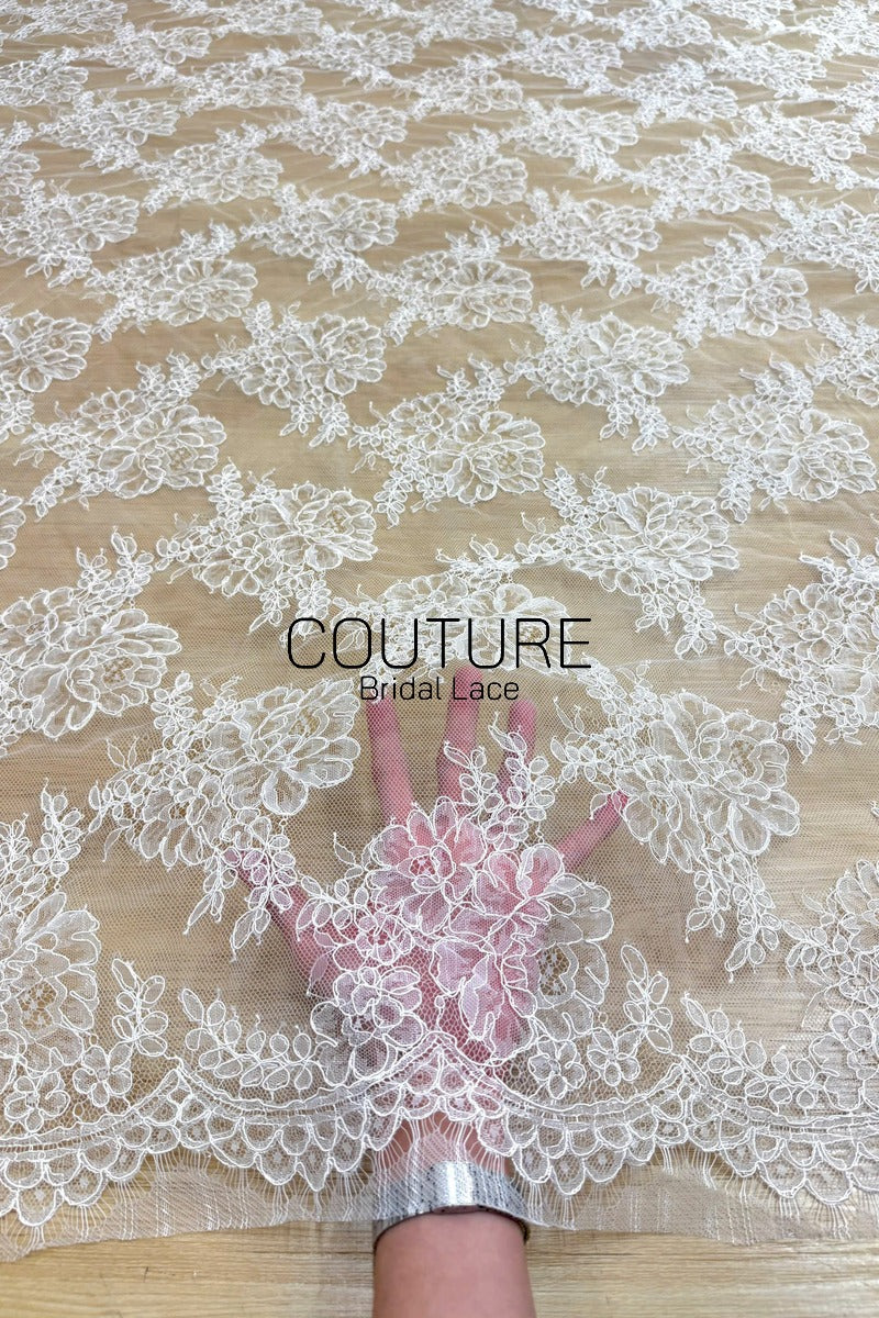 Corded Chantilly French Lace: White Large Peony Blooms Allover with Petal Scalloped Border, 3 Meters