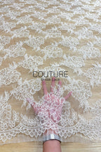 Corded Chantilly French Lace: White Large Peony Blooms Allover with Petal Scalloped Border, 3 Meters