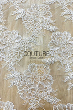 Corded Chantilly French Lace: White Large Peony Blooms Allover with Petal Scalloped Border, 3 Meters