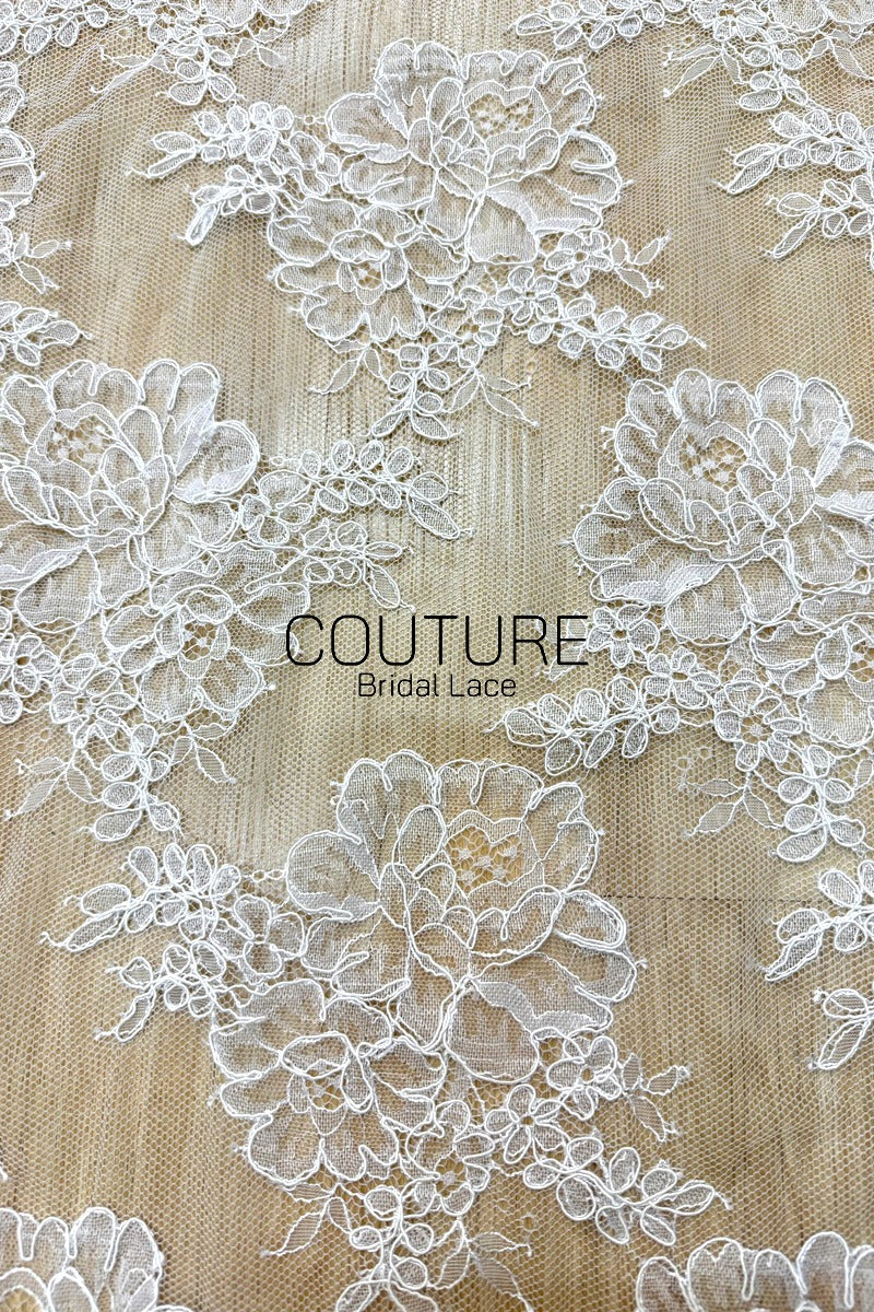 Corded Chantilly French Lace: White Large Peony Blooms Allover with Petal Scalloped Border, 3 Meters