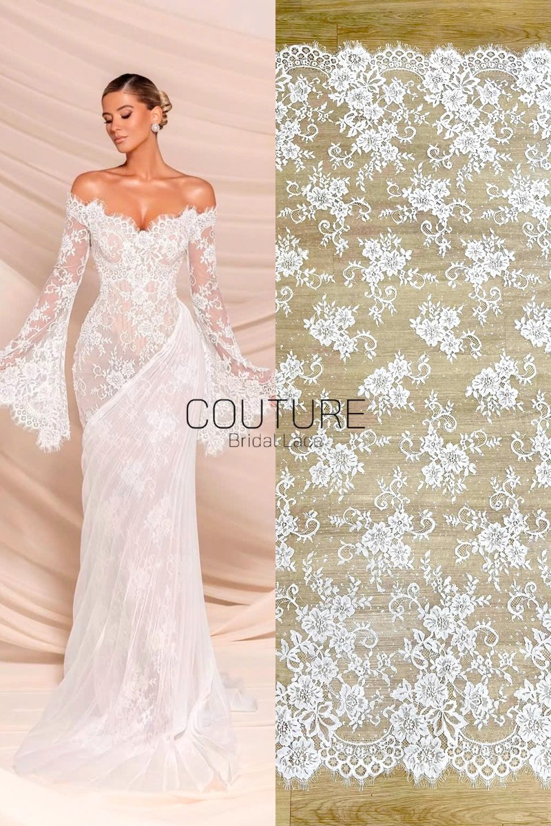 Sequins Chantilly Lace: Ivory Elaborate Floral And Swirling Vine Pattern With Scalloped Border With Delicate Eyelash Fringes, 3 Meters
