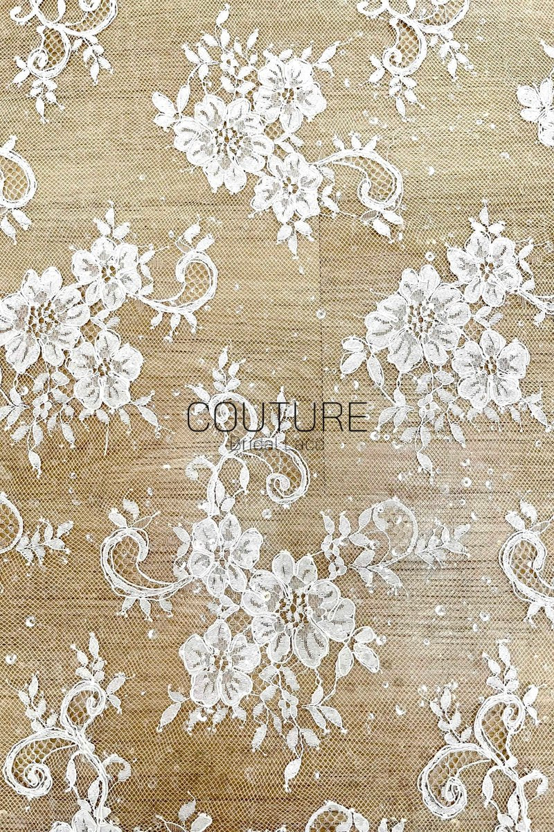 Sequins Chantilly Lace: Ivory Elaborate Floral And Swirling Vine Pattern With Scalloped Border With Delicate Eyelash Fringes, 3 Meters