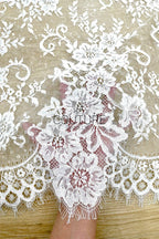 Sequins Chantilly Lace: Ivory Elaborate Floral And Swirling Vine Pattern With Scalloped Border With Delicate Eyelash Fringes, 3 Meters