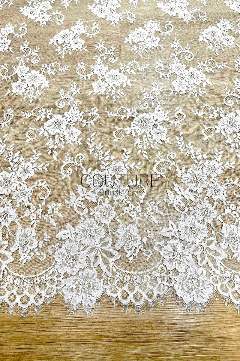 Sequins Chantilly Lace: Ivory Elaborate Floral And Swirling Vine Pattern With Scalloped Border With Delicate Eyelash Fringes, 3 Meters