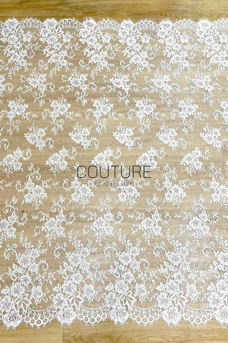 Sequins Chantilly Lace: Ivory Elaborate Floral And Swirling Vine Pattern With Scalloped Border With Delicate Eyelash Fringes, 3 Meters
