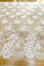 Sequins Chantilly Lace: Ivory Elaborate Floral And Swirling Vine Pattern With Scalloped Border With Delicate Eyelash Fringes, 3 Meters