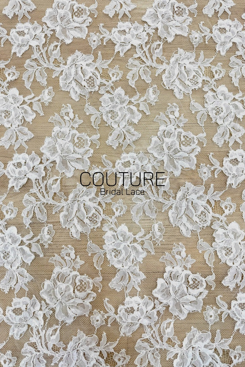 French Corded Chantilly Lace: White Dense Allover Large Rose and Peony Clusters with Eyelash Scalloped Border, 3 Meters