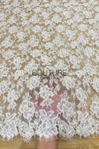 French Corded Chantilly Lace: White Dense Allover Large Rose and Peony Clusters with Eyelash Scalloped Border, 3 Meters