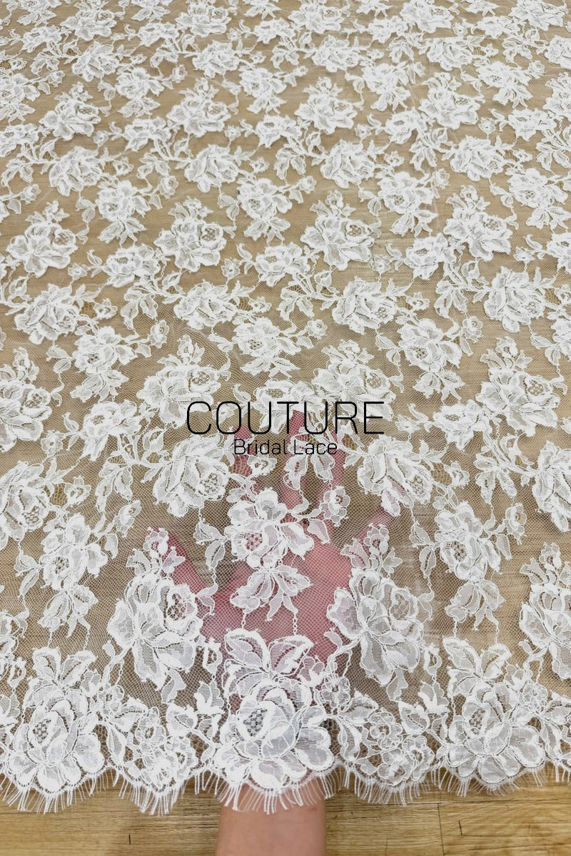 French Corded Chantilly Lace: White Dense Allover Large Rose and Peony Clusters with Eyelash Scalloped Border, 3 Meters