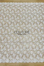 French Corded Chantilly Lace: White Dense Allover Large Rose and Peony Clusters with Eyelash Scalloped Border, 3 Meters