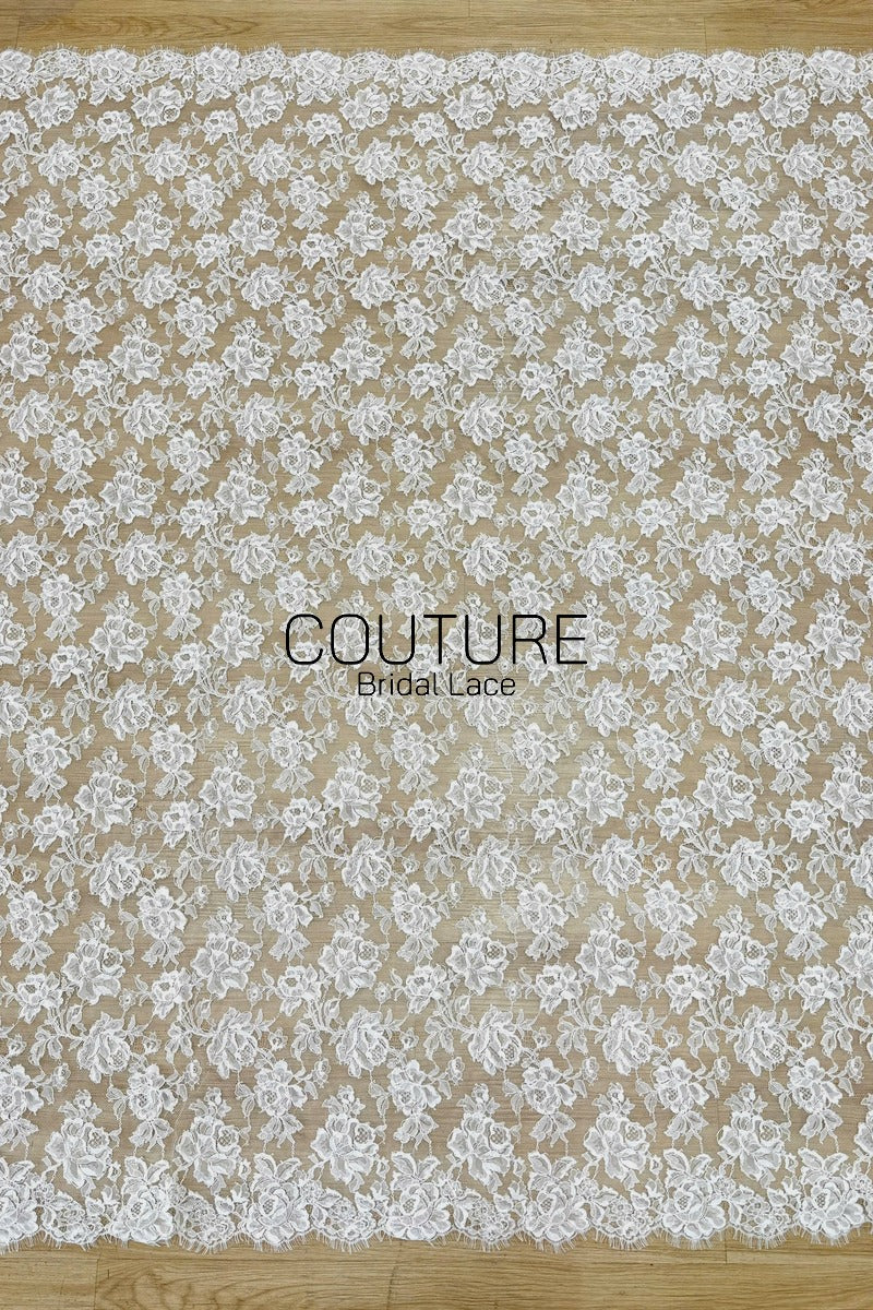 French Corded Chantilly Lace: White Dense Allover Large Rose and Peony Clusters with Eyelash Scalloped Border, 3 Meters