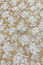 French Corded Chantilly Lace: White Dense Allover Large Rose and Peony Clusters with Eyelash Scalloped Border, 3 Meters