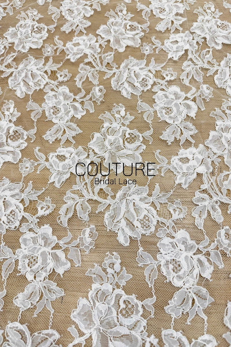French Corded Chantilly Lace: White Dense Allover Large Rose and Peony Clusters with Eyelash Scalloped Border, 3 Meters
