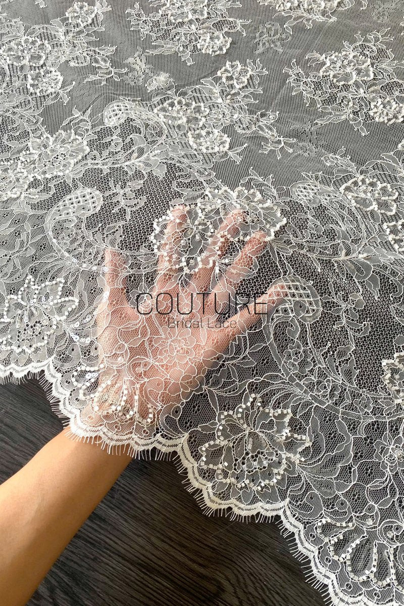 Beaded Chantilly Lace: Ivory Floral Bouquet Clusters with Delicate Scalloped Eyelash Fringe Edge, 3 Meters