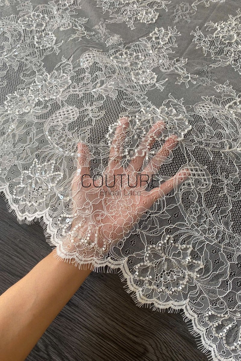 Beaded Chantilly Lace: Ivory Floral Bouquet Clusters with Delicate Scalloped Eyelash Fringe Edge, 3 Meters