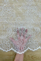 Beaded Chantilly Lace: Ivory Floral Bouquet Clusters with Delicate Scalloped Eyelash Fringe Edge, 3 Meters