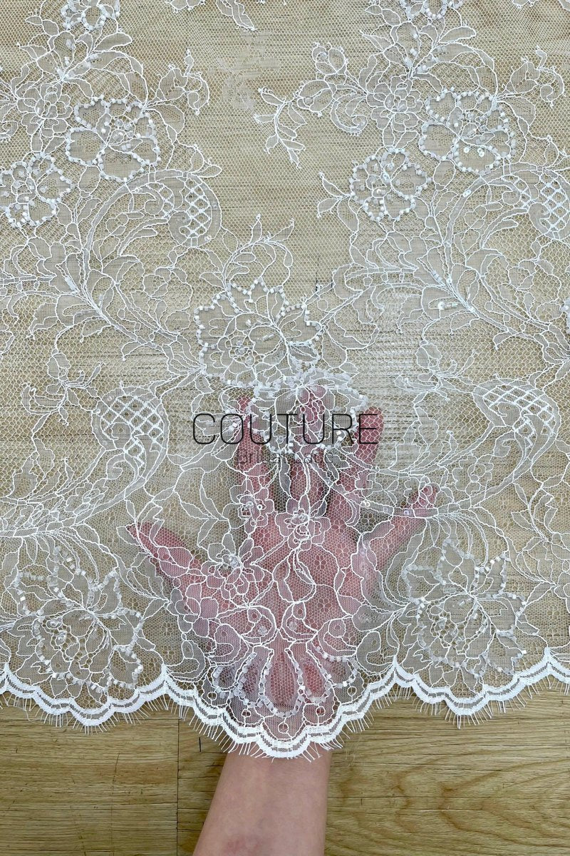 Beaded Chantilly Lace: Ivory Floral Bouquet Clusters with Delicate Scalloped Eyelash Fringe Edge, 3 Meters
