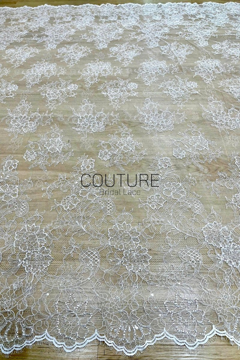Beaded Chantilly Lace: Ivory Floral Bouquet Clusters with Delicate Scalloped Eyelash Fringe Edge, 3 Meters