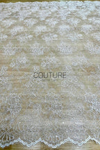 Beaded Chantilly Lace: Ivory Floral Bouquet Clusters with Delicate Scalloped Eyelash Fringe Edge, 3 Meters