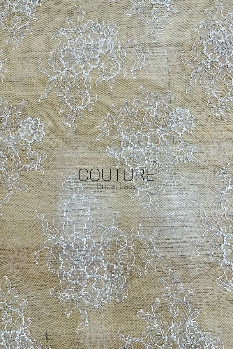 Beaded Chantilly Lace: Ivory Floral Bouquet Clusters with Delicate Scalloped Eyelash Fringe Edge, 3 Meters
