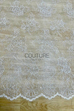 Beaded Chantilly Lace: Ivory Floral Bouquet Clusters with Delicate Scalloped Eyelash Fringe Edge, 3 Meters