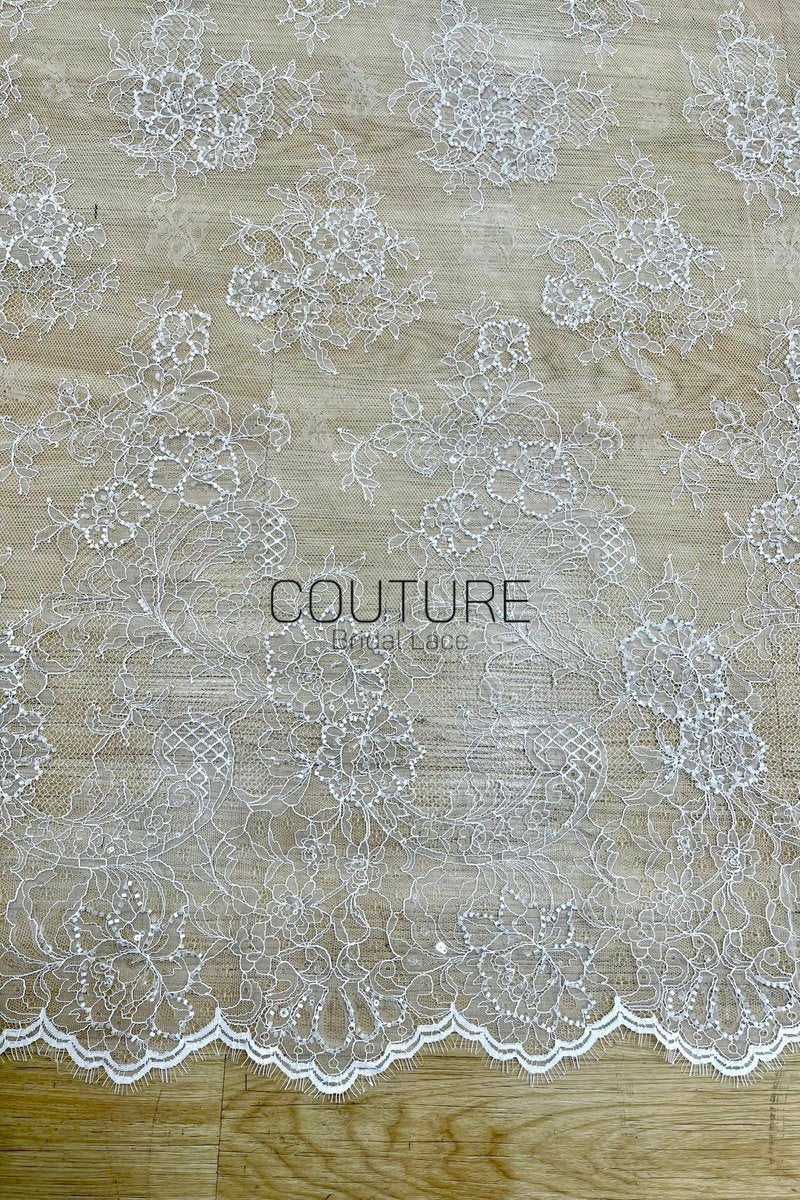 Beaded Chantilly Lace: Ivory Floral Bouquet Clusters with Delicate Scalloped Eyelash Fringe Edge, 3 Meters