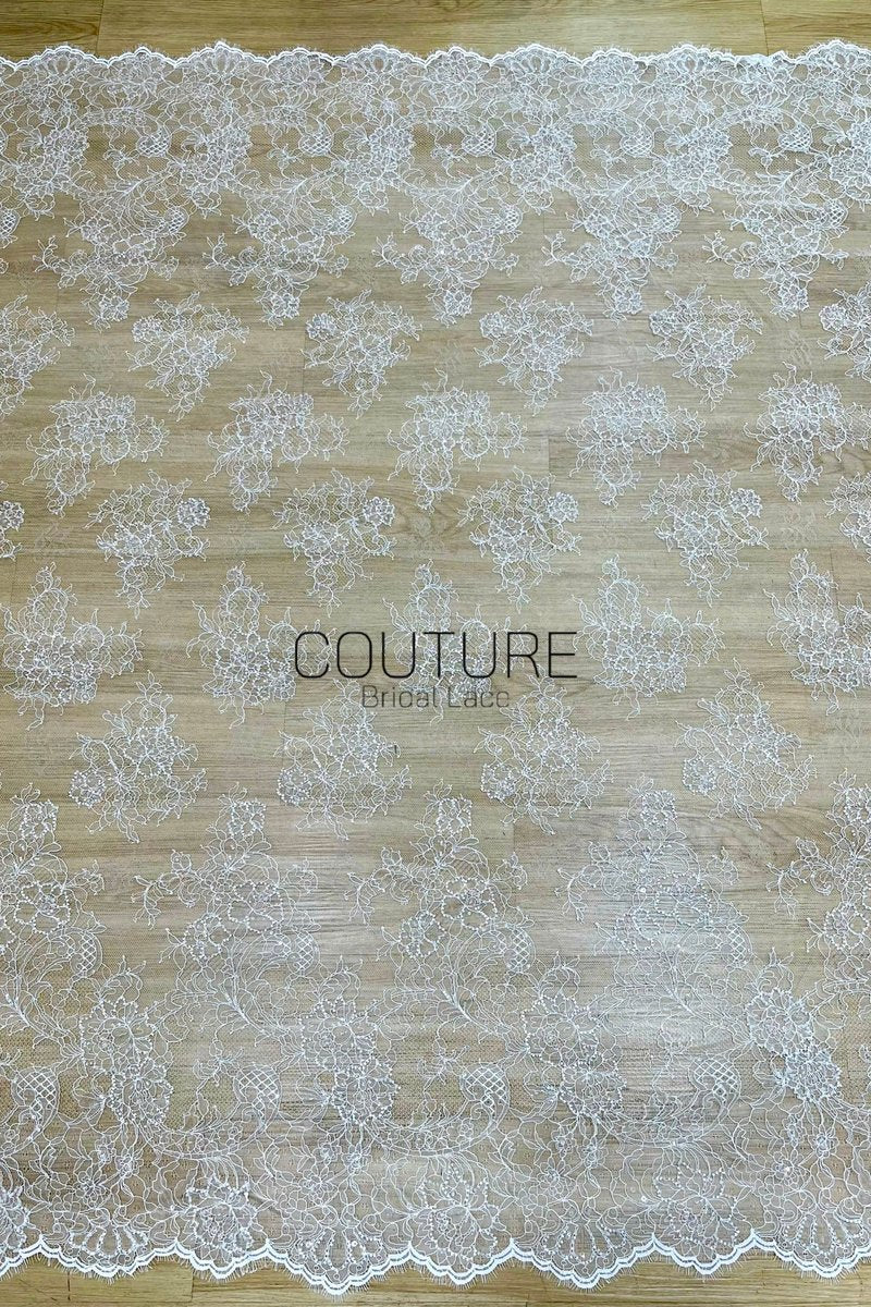 Beaded Chantilly Lace: Ivory Floral Bouquet Clusters with Delicate Scalloped Eyelash Fringe Edge, 3 Meters