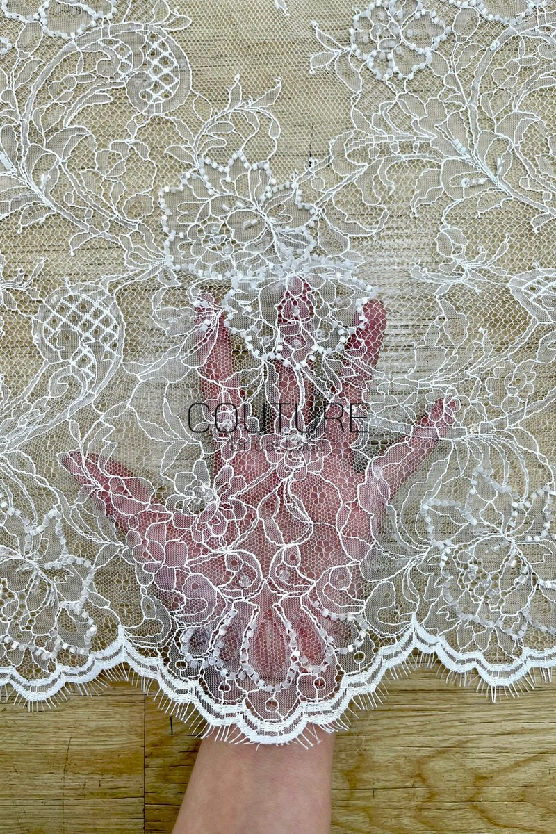 Beaded Chantilly Lace: Ivory Floral Bouquet Clusters with Delicate Scalloped Eyelash Fringe Edge, 3 Meters