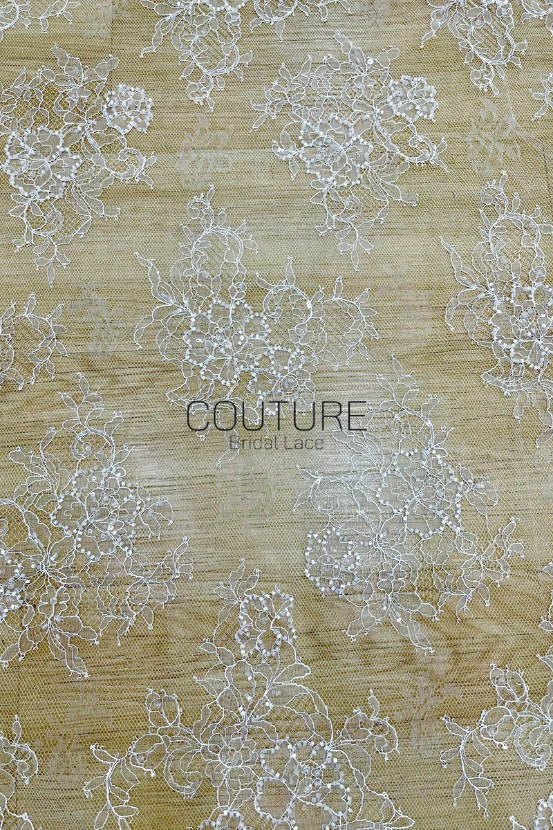 Beaded Chantilly Lace: Ivory Floral Bouquet Clusters with Delicate Scalloped Eyelash Fringe Edge, 3 Meters