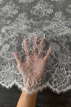 Beaded Chantilly Lace: Ivory Floral Bouquet Clusters with Delicate Scalloped Eyelash Fringe Edge, 3 Meters